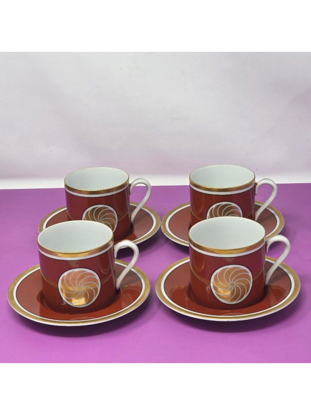 Fitz And Floyd Japan Porcelain Coffee Cups Saucers Set Of4 Red Gold Swirl Design